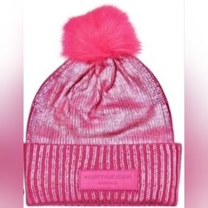 New Kurt Geiger London Pink Metallic Knit Beanie with Pom Pom